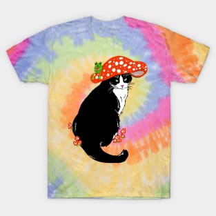 Whimsical Tuxedo Cat Wearing a Mushroom Hat T-Shirt